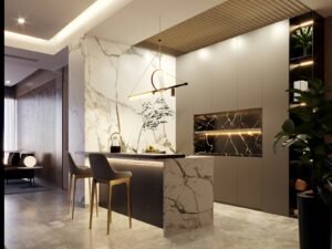 مطبخ حديث بجزيرة رخام وتصميم فاخر في الرياض